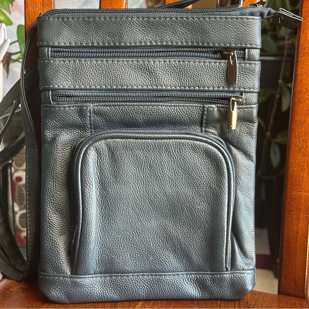 Navy Genuine Leather EDC Crossbody Organizer Travel Bag Multi Pocket